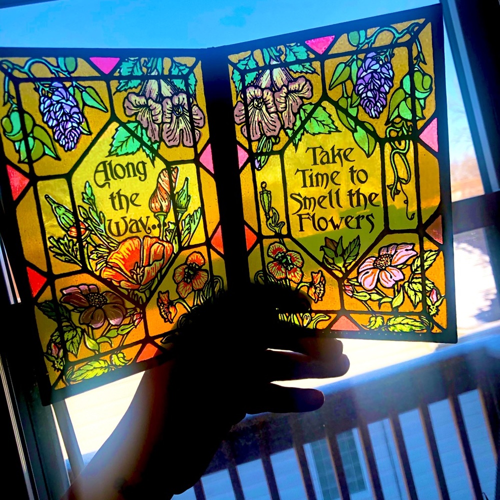 Stained Glass Greeting Card, Yellow w/ flowers